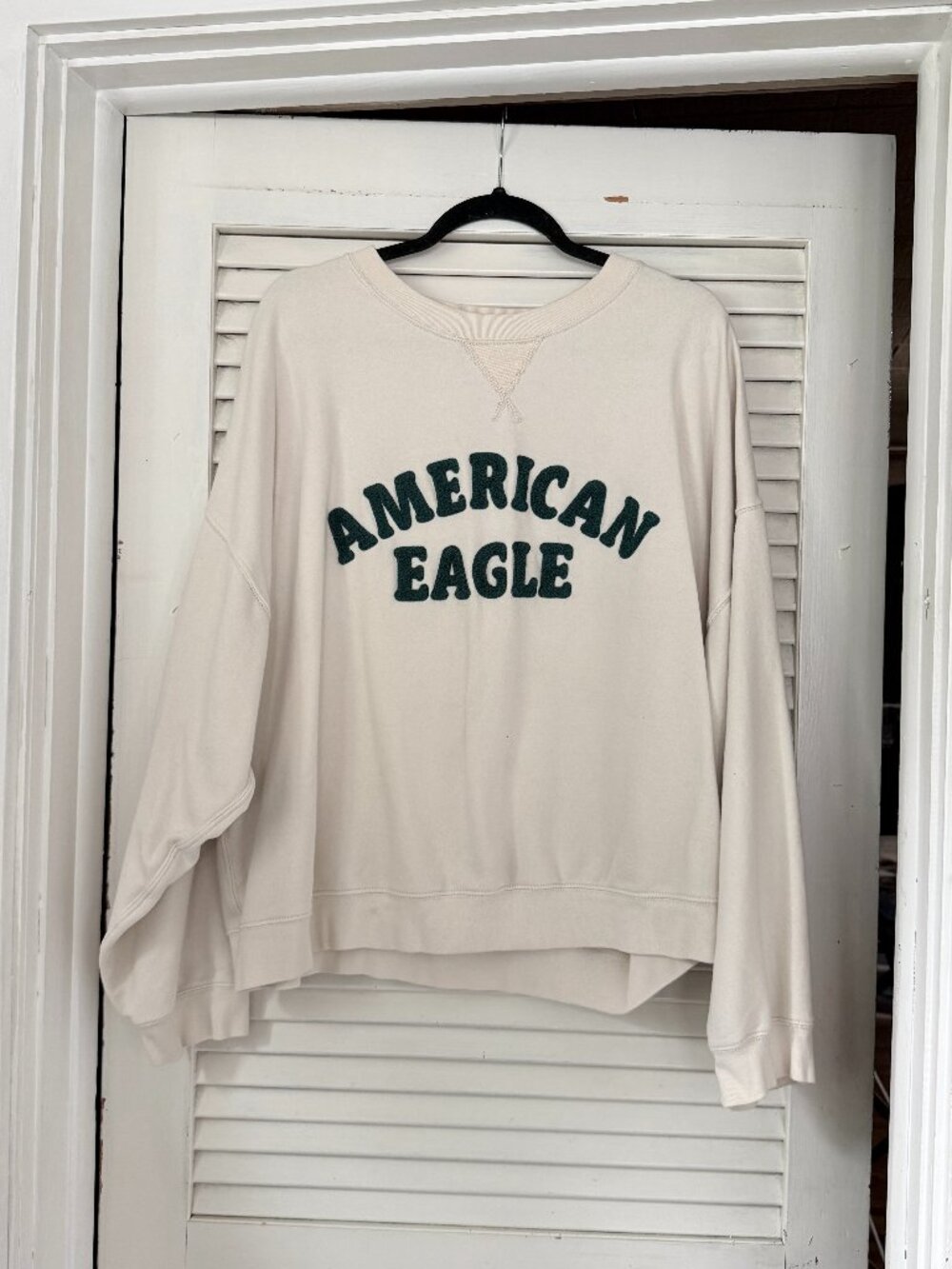 American Eagle White Sweatshirt with Green Fuzzy Lettering Size XXL